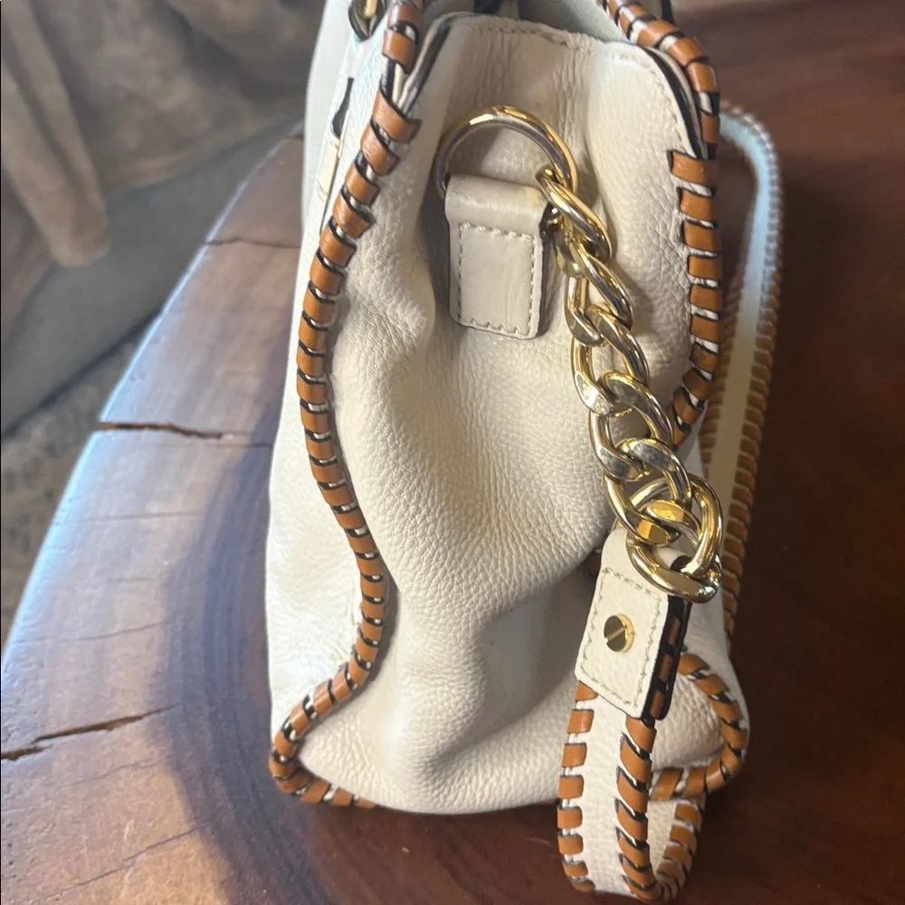Michael Kors Hamilton Whipstitch Leather Satchel Cream Tan Gold Hardware